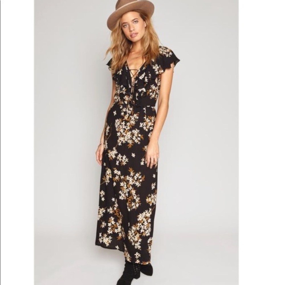 Amuse Society Alana Maxi Dress, size XS. Black Floral Lace-up Neck.Side zipper
